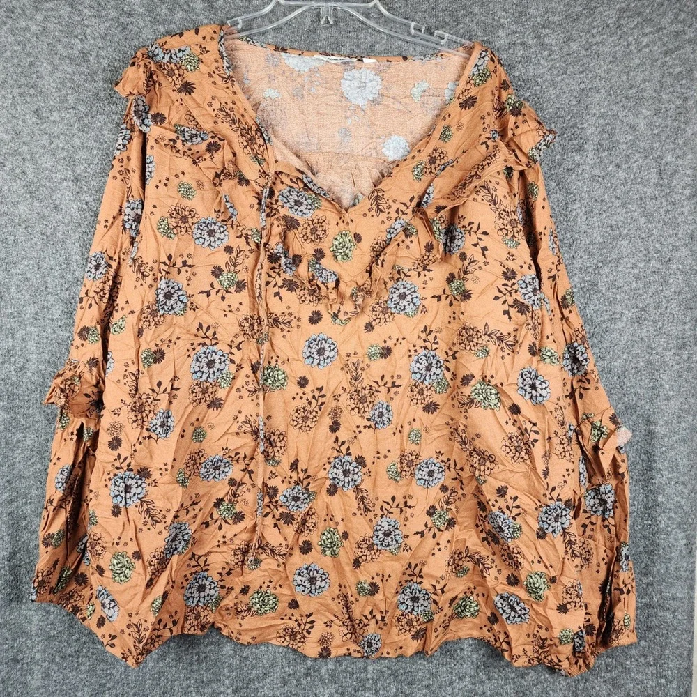 Sonoma Floral Blouse Women 4X Rust Orange Boho Ruffle V-Neck Long Sleeve NWT